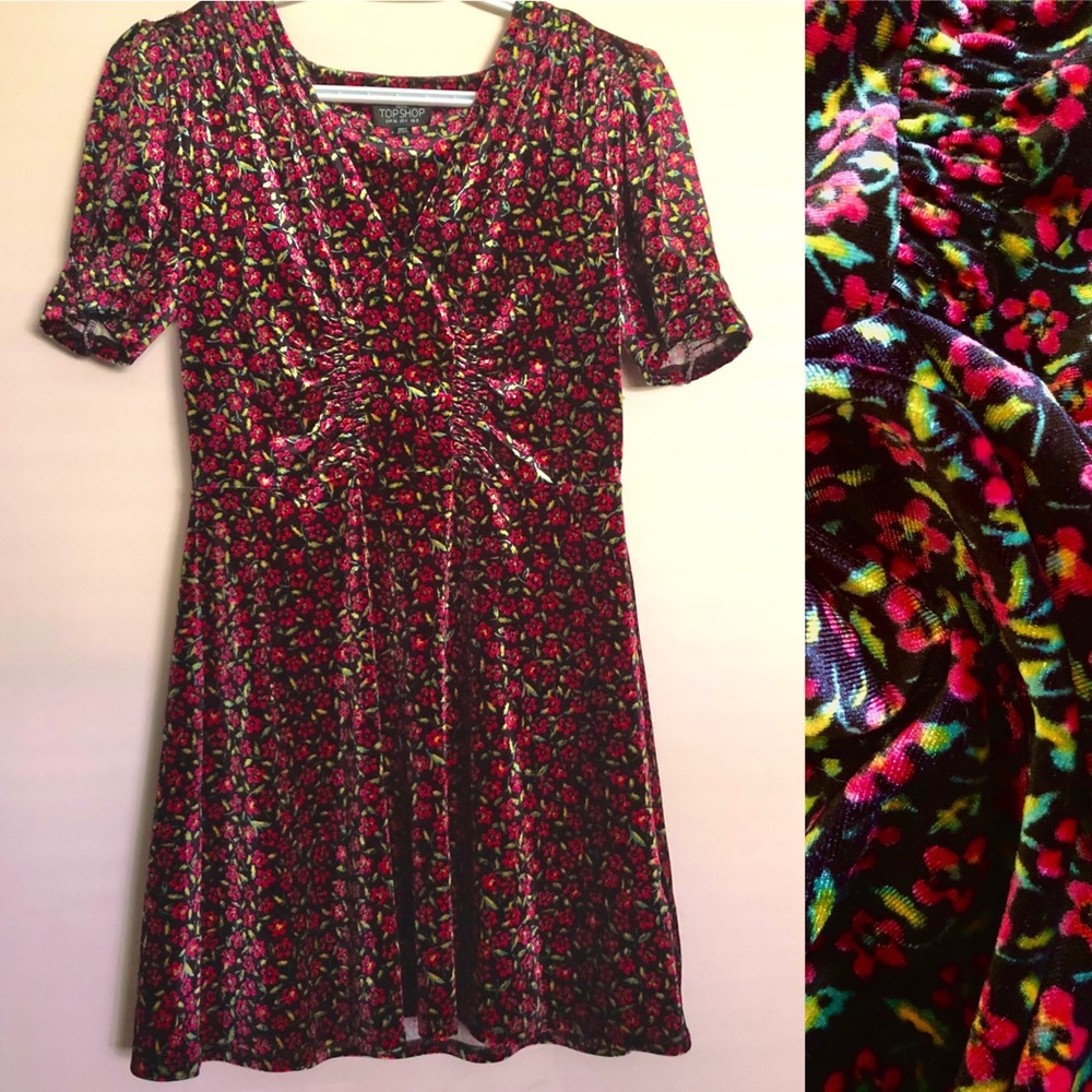 Velvet Floral Puffed-Sleeves Mini Dress